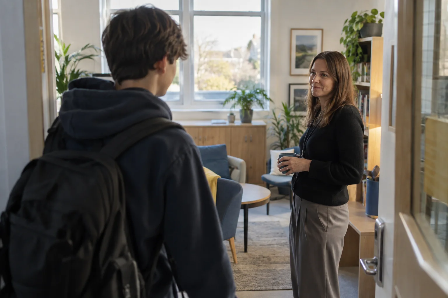 A young person being welcomed into a calm learning setting