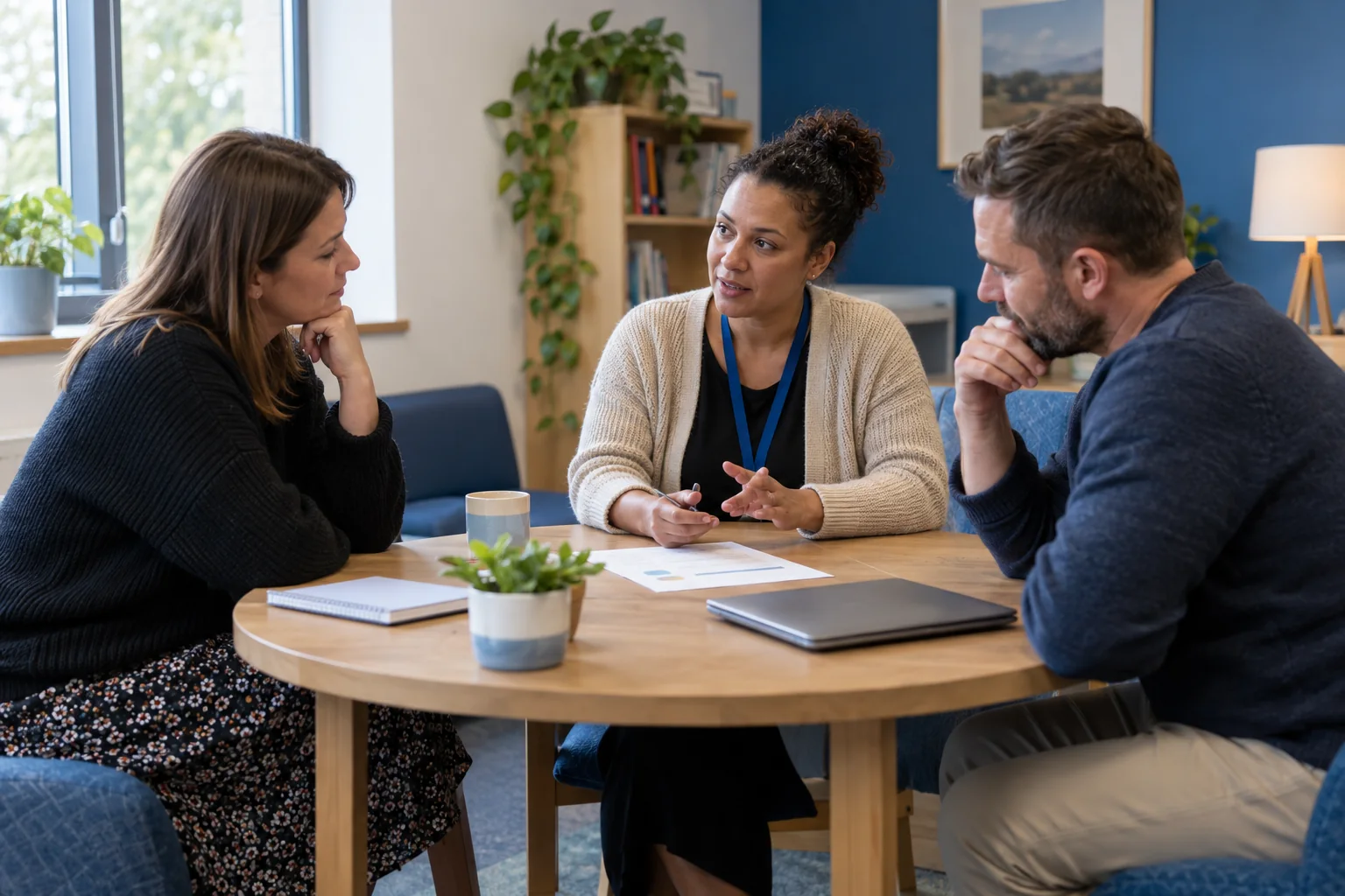 Three adults discussing a pupil referral together