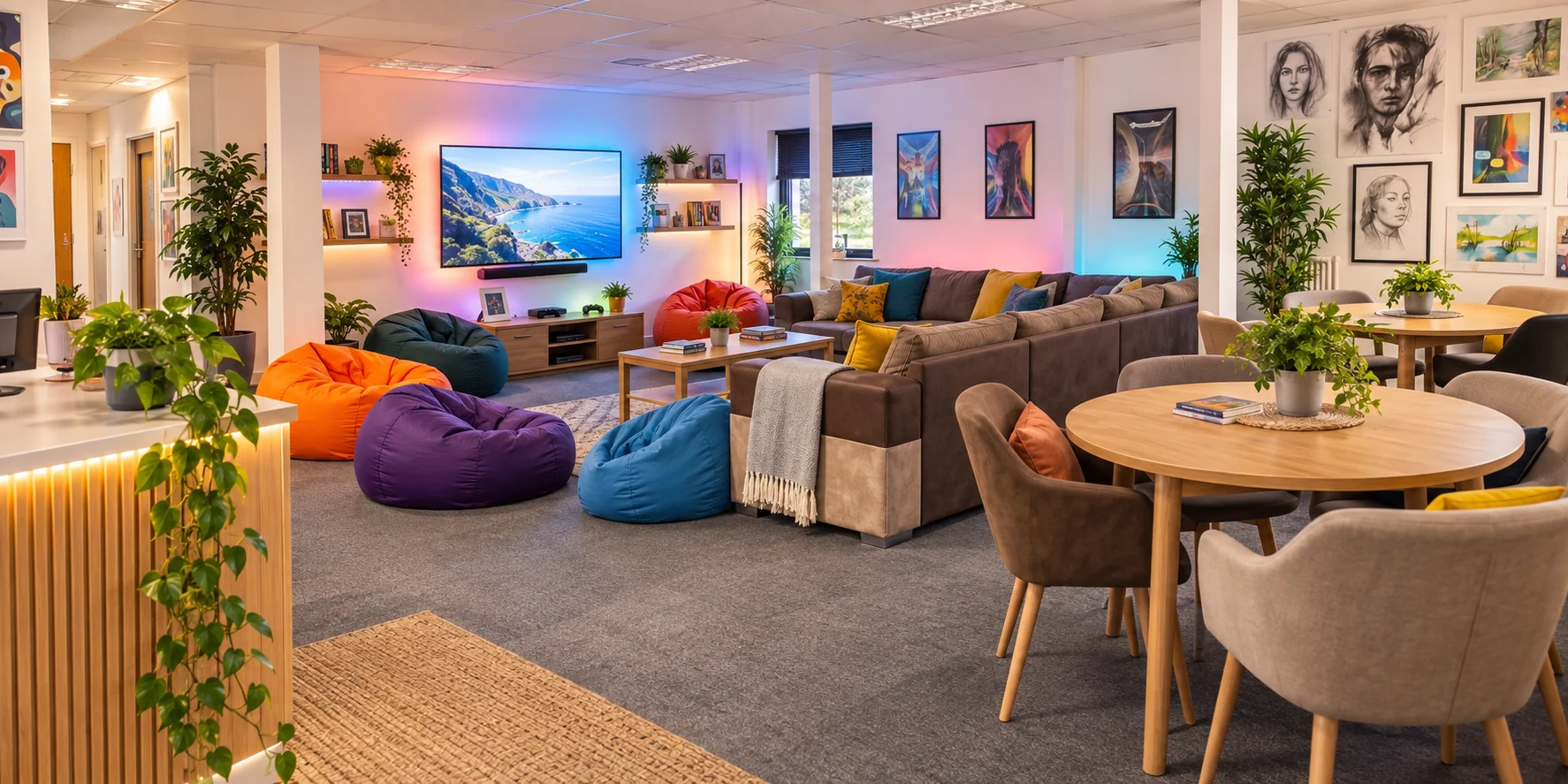 A colourful pathways lounge with bean bags, soft seating, tables and a television area